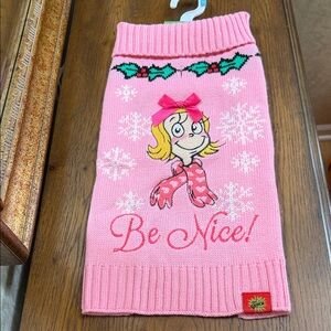 Festive Grinch- Cindy Lou Dog Sweater. Size M. Pink w/green, yellow, tan & white
